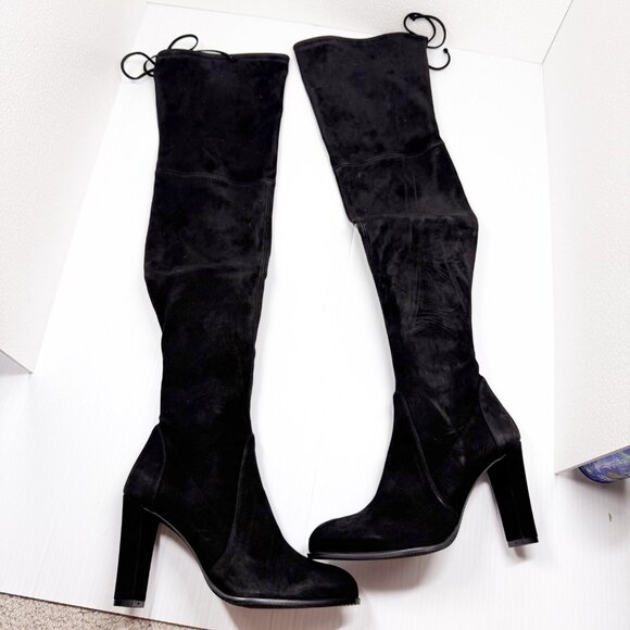 Stuart Weitzman Highland Black Suede Over Knee Boots 9B US 39.5 Tie Back Heel - Picture 4 of 13